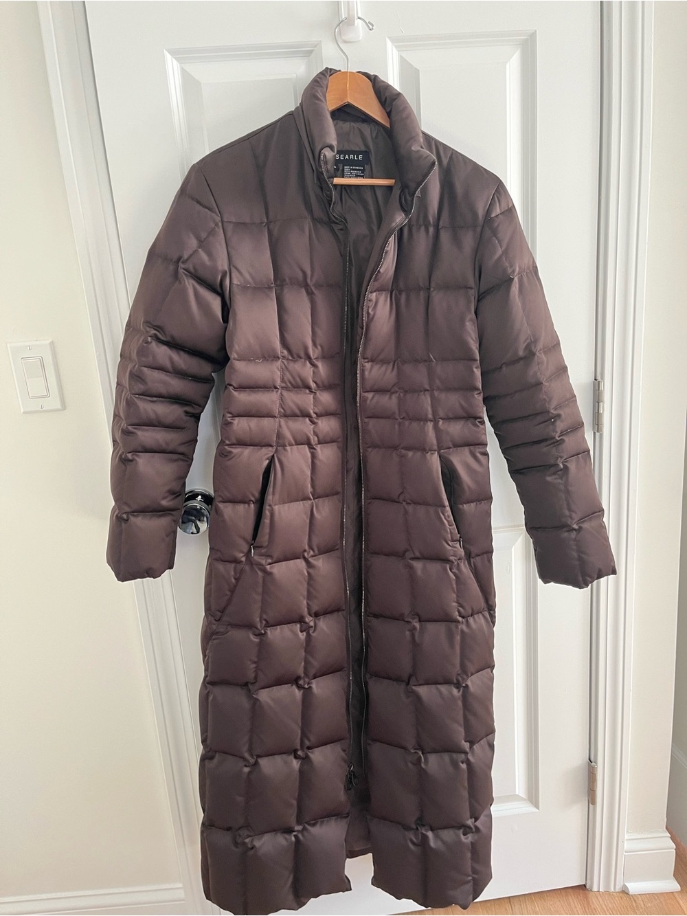 SEARLE Long Brown Quilted Goose Down Coat
